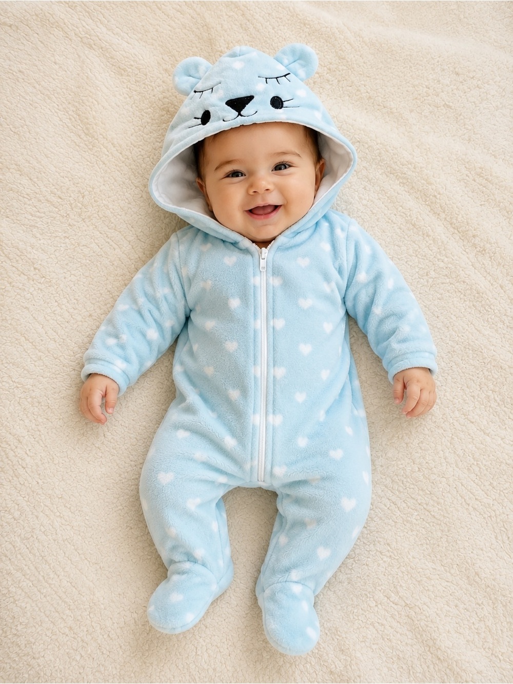 Light Blue Heart Fleece Footie with Hood